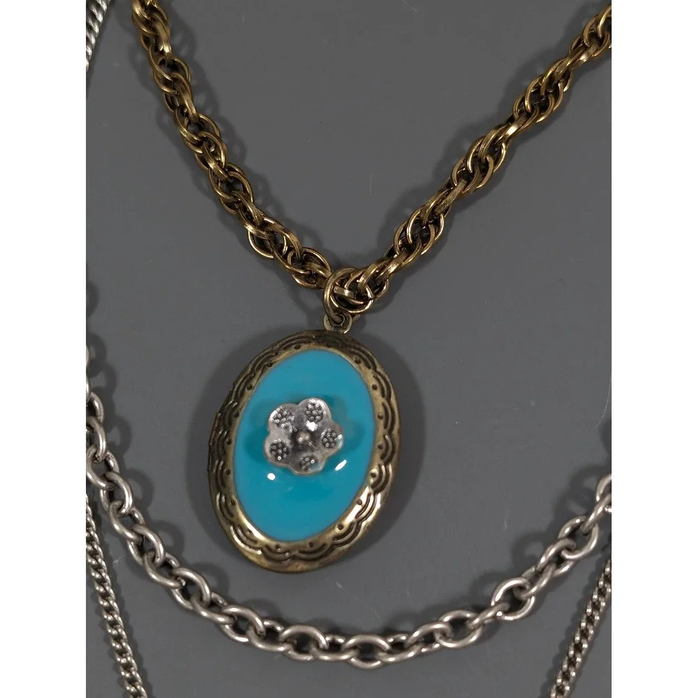 Two Tone‎ Layered Necklace Bird Charm Blue Enamel Locket Distressed 22in